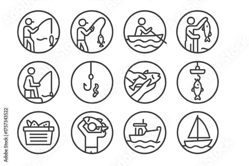 Fishing Icons Collection. Line style round icons of fishing activities: casting, reeling, rowing, hauling; waiting, baiting,