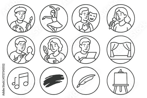 Expressive Arts Icons. Line style round icons of expressive arts: painter, dancer, actor, singer; sculpture, poet, writer,