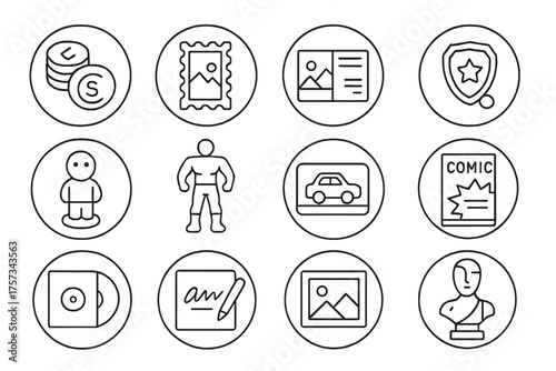 Collectible Icons Set. Line style round icons of collectibles: coins, stamps, postcards, pins; figurines, action figures, matchbox