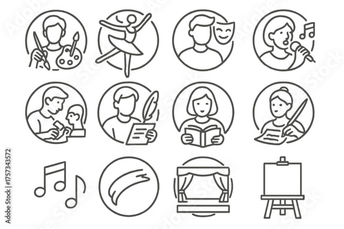 Expressive Arts Icons. Line style round icons of expressive arts: painter, dancer, actor, singer; sculpture, poet, writer,