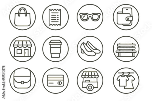 Urban Shopping Icons. Line style round icons of urban shopping: tote bag, receipt, sunglasses, phone wallet; small boutique,