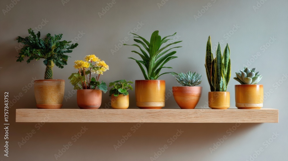 Fototapeta premium Wooden shelf attached to a light grey wall. on the shelf, there are six potted plants arranged in a row.