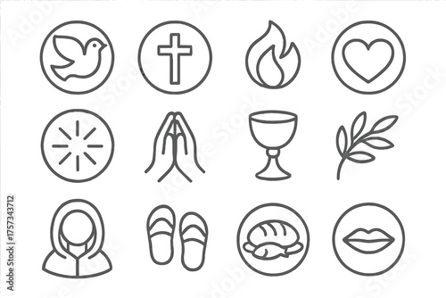 Spiritual Symbols Icons. Line style round icons of spiritual symbols: dove, cross, flame, heart; rays, folded hands, chalice,