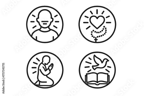 Sacred Vows Icons. Line style round icons of sacred vows: vow of poverty, vow of obedience, vow of chastity, kneeling; silent