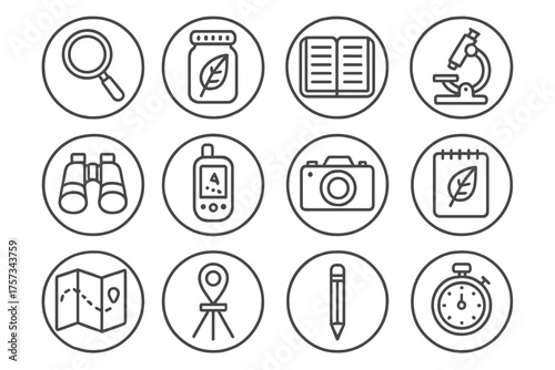 Scientific Exploration Icons. Line style round icons of scientific exploration: magnifying glass, specimen jar, journal,