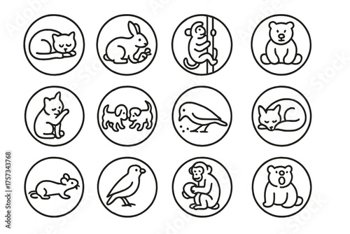 Animal Behavior Icons. Line style round icons of animal behavior: sleeping, eating, climbing, sitting; grooming, playing, foraging