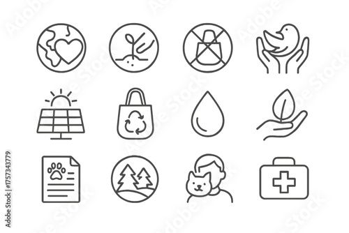 Environmental Awareness Icons. Line style round icons of environmental awareness: earth heart, tree planting, plastic ban,