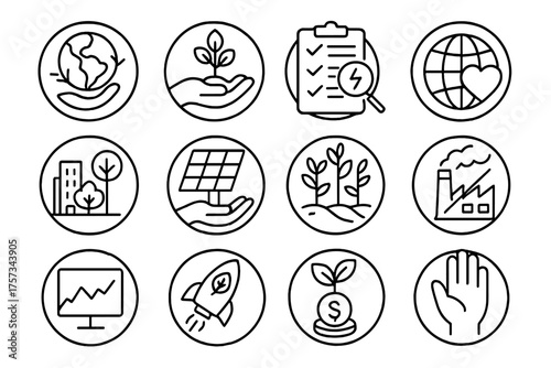 Climate Action Icons. Line style round icons of climate action: carbon offset, tree planting, energy audit, green pledge; clean
