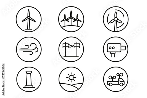 Wind Power Icons. Line style round icons of wind power: wind turbine, wind farm, control tower, spinning blade; gust arrow,