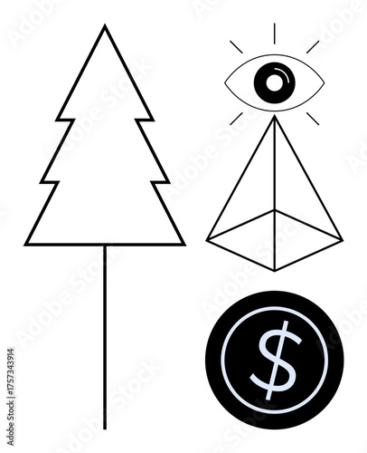 Minimalistic tree, eye, pyramid, and dollar coin highlights concepts of nature, vision, structure, and wealth. Ideal for sustainability, innovation stability strategy growth balance