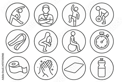 Fitness Training Icons. Line style round icons of training and practice: stretching, coach, warm-up, strength drill; flexibility