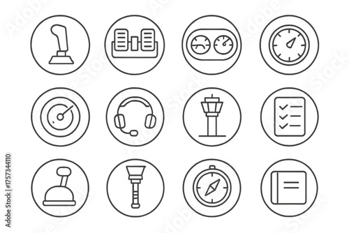 Flight Control Icons. Line style round icons of flight control: joystick, pedal, dashboard, altitude dial; radar, headset, control