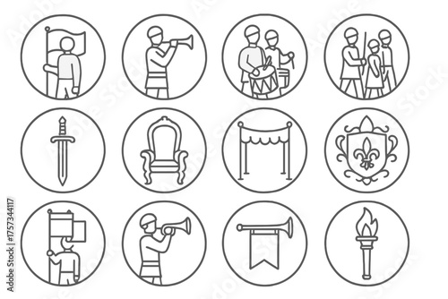 Ceremonial Pageantry Icons. Line style round icons of ceremonial pageantry: flag bearer, trumpet, drum, procession; ceremonial