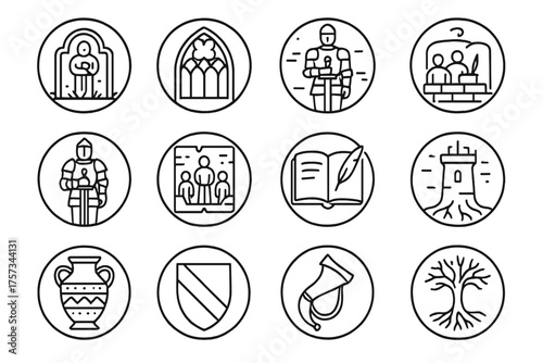 Ancestral Memory Icons. Line style round icons of ancestral memory: tomb engraving, cathedral shield, stained glass, knight statue