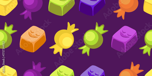 Bright seamless Halloween pattern with jelly and caramel candies in purple, orange, green, and yellow tones on dark violet background.