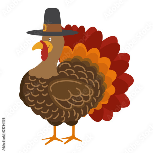 Flat vector illustration of Thanksgiving turkey in pilgrim hat. Perfect for autumn greeting cards, invitations, posters and holiday promotions.