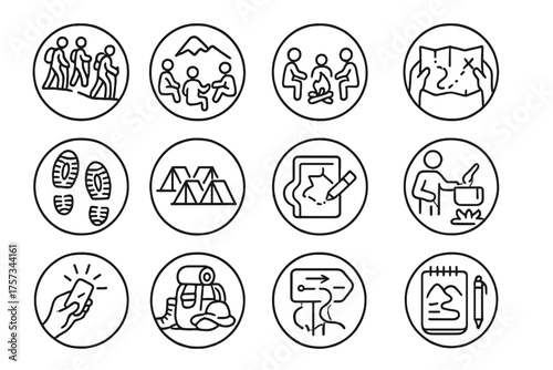 Trail Community Icons. Line style round icons of trail community: group hike, camp circle, shared map, cheers; footprints, tent