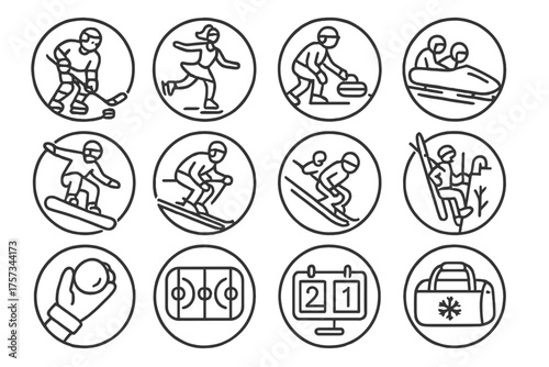 Winter Sports Icons. Line style round icons of winter sports: hockey, figure skating, curling, bobsled; snowboarding, skiing, luge