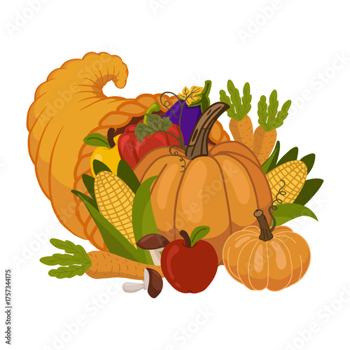 Flat vector cornucopia overflowing with vegetables, fruits and grains. Ideal for Thanksgiving celebration designs, posters, invitations and holiday decor.