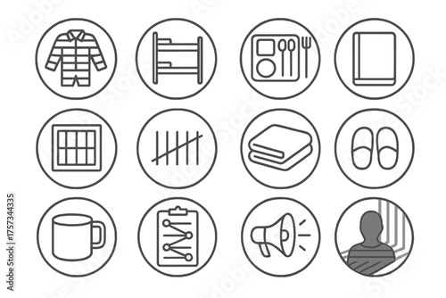 Inmate Life Icons. Line style round icons of inmate life: uniform, bunk bed, meal tray, journal; window bars, time scratch, folded