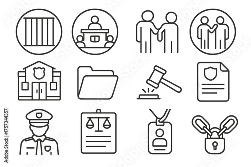 Justice System Icons. Line style round icons of justice system: jail cell, courtroom, arrest, trial; police station, file folder,