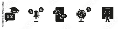Global Language Education Silhouette Icon Set. Includes Mobile Translation, Voice Learning, and Certification Solid Symbol Collection. Isolated Vector Illustration