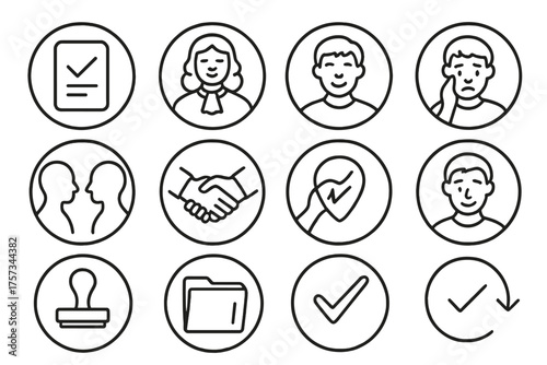 Judgment Day Icons. Line style round icons of final verdict: paper slip, judge nod, defendant reaction, lawyer glance; silent nods