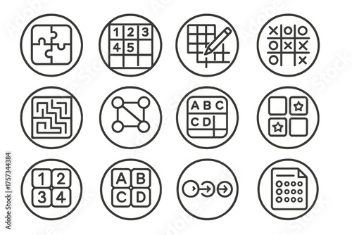 Brain Game Icons. Line style round icons of brain games: jigsaw puzzle, sudoku, crossword, logic grid; maze, match game, pattern