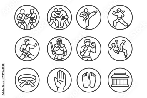 Martial Arts Icons. Line style round icons of martial arts disciplines: karate, judo, taekwondo, aikido; kung fu, kendo, muay thai