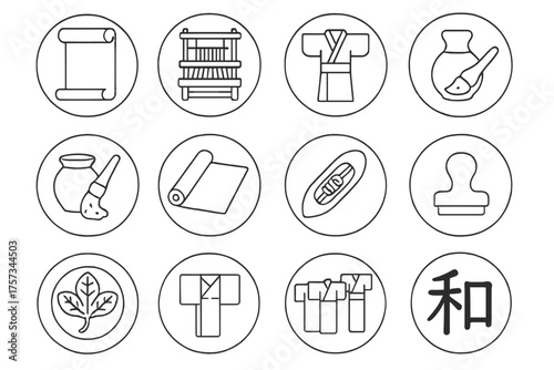 Kimono History Icons. Line style round icons of kimono history: scroll, loom, ancient robe, pattern brush; dye pot, textile roll,
