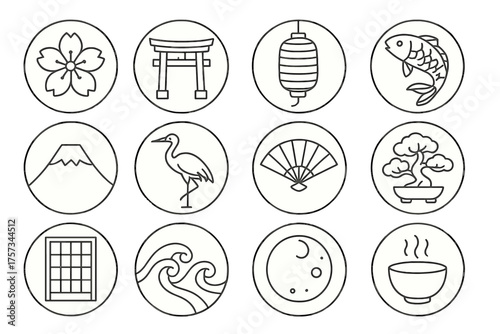 Japanese Cultural Icons. Line style round icons of cultural symbols: sakura, torii gate, lantern, koi fish; Mount Fuji, crane,