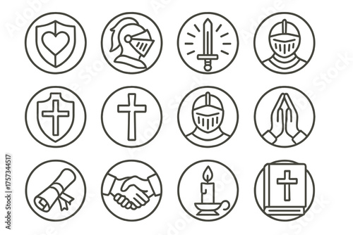 Chivalry Icons. Line style round icons of chivalry code: loyalty, courage, honor, discipline; protection, faith, duty, humility;