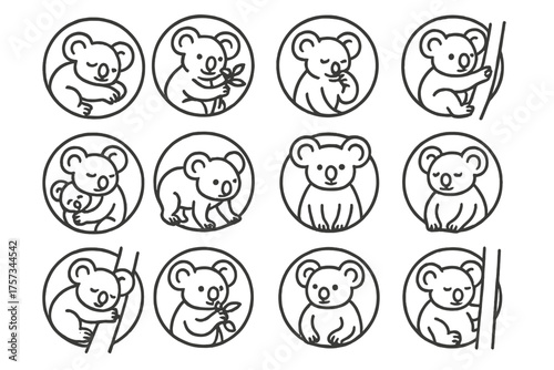 Koala Behavior Icons. Line style round icons of animal behavior: sleeping koala, feeding koala, grooming paw, climbing move; back