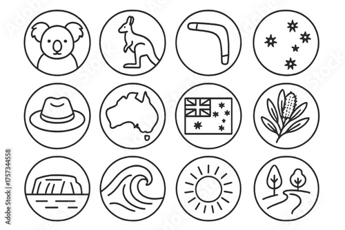 Australian Icons Line Art. Line style round icons of national symbols of Australia: koala, kangaroo, boomerang, southern cross;