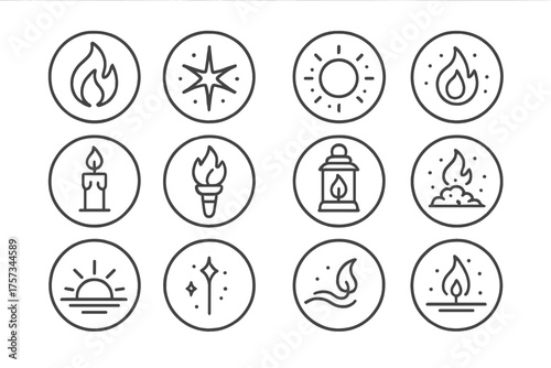 Fire and Light Icons. Line style round icons of fire and light: flame, spark, glow, flicker; candle, torch, lantern, ember;