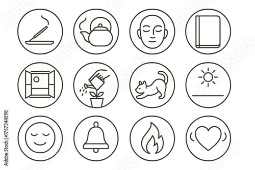 Mindful Rituals Icons. Line style round icons of mindful rituals: incense stick, tea pot, quiet face, journal book; open window,