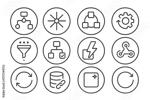Automation Tool Icons. Line style round icons of automation tools: flow chart, zap icon, connected apps, gear motion; auto-trigger