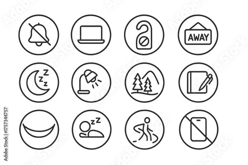Restful Line Icons. Line style round icons of boundaries and rest: mute bell, closed laptop, “do not disturb” icon, away sign;