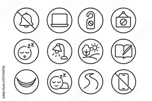 Restful Line Icons. Line style round icons of boundaries and rest: mute bell, closed laptop, “do not disturb” icon, away sign;