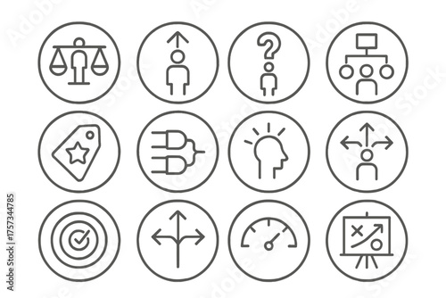 Decision-Making Icons. Line style round icons of decision-making leaders: balance scale, decisive arrow, question icon, flowchart;