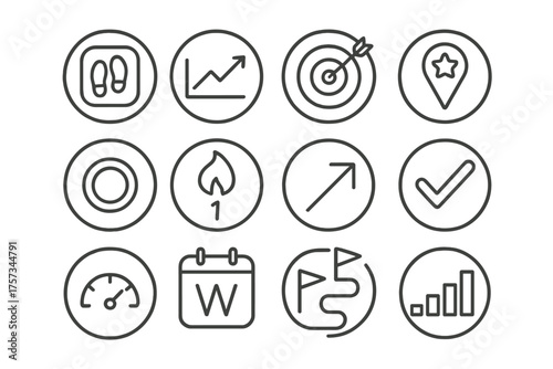 Progress Tracking Icons. Line style round icons of progress tracking: step counter, progress chart, visual goal, milestone tag;