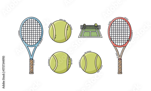 Tennis Equipment Set – Rackets, Balls, and Court Vector Illustration