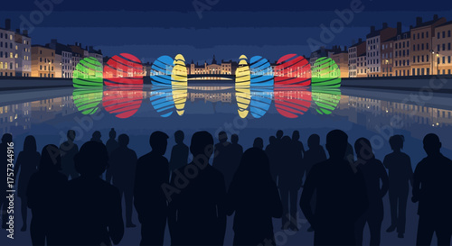 This flat design vector illustration depicts a joyful crowd gathered along the Saône River, admiring the mesmerizing light installations and their reflections during the Fête des Lumières in Lyon. 