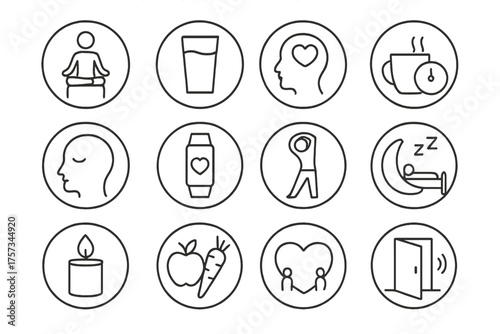 Wellness at Work Icons. Line style round icons of wellness at work: yoga chair, water glass, mental health tag, break icon;
