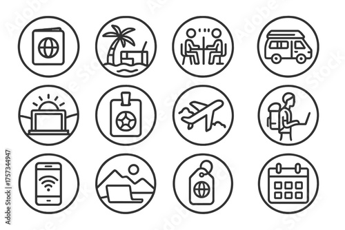 Freelance Freedom Icons. Line style round icons of freelance freedom: passport icon, beach desk, coworking hub, van life; sunrise