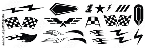 Racing cars and race car stripes vector collection featuring checkered flag templates, motocross labels, dynamic lines, motorsport graphics, speed stripes, sport decals, and tuning stickers