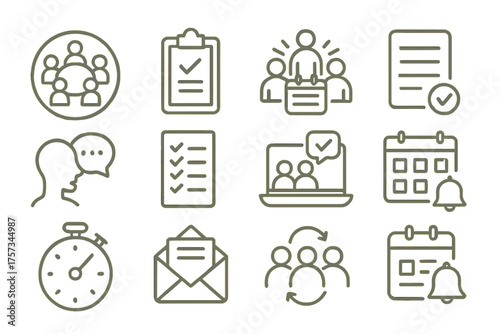Team Meeting Icons. Line style round icons of team meetings: round table, agenda note, weekly sync, minutes sheet; speaking icon,