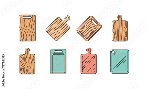 Set of Wooden and Plastic Kitchen Cutting Board Icons in Various Shapes – Flat Vector Illustration