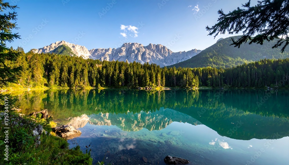 Naklejka premium Stunning Alpine Lake Reflecting Majestic Mountains Under a Clear Blue Sky in Summer