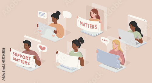 Diverse group of people holding signs while working on laptops  